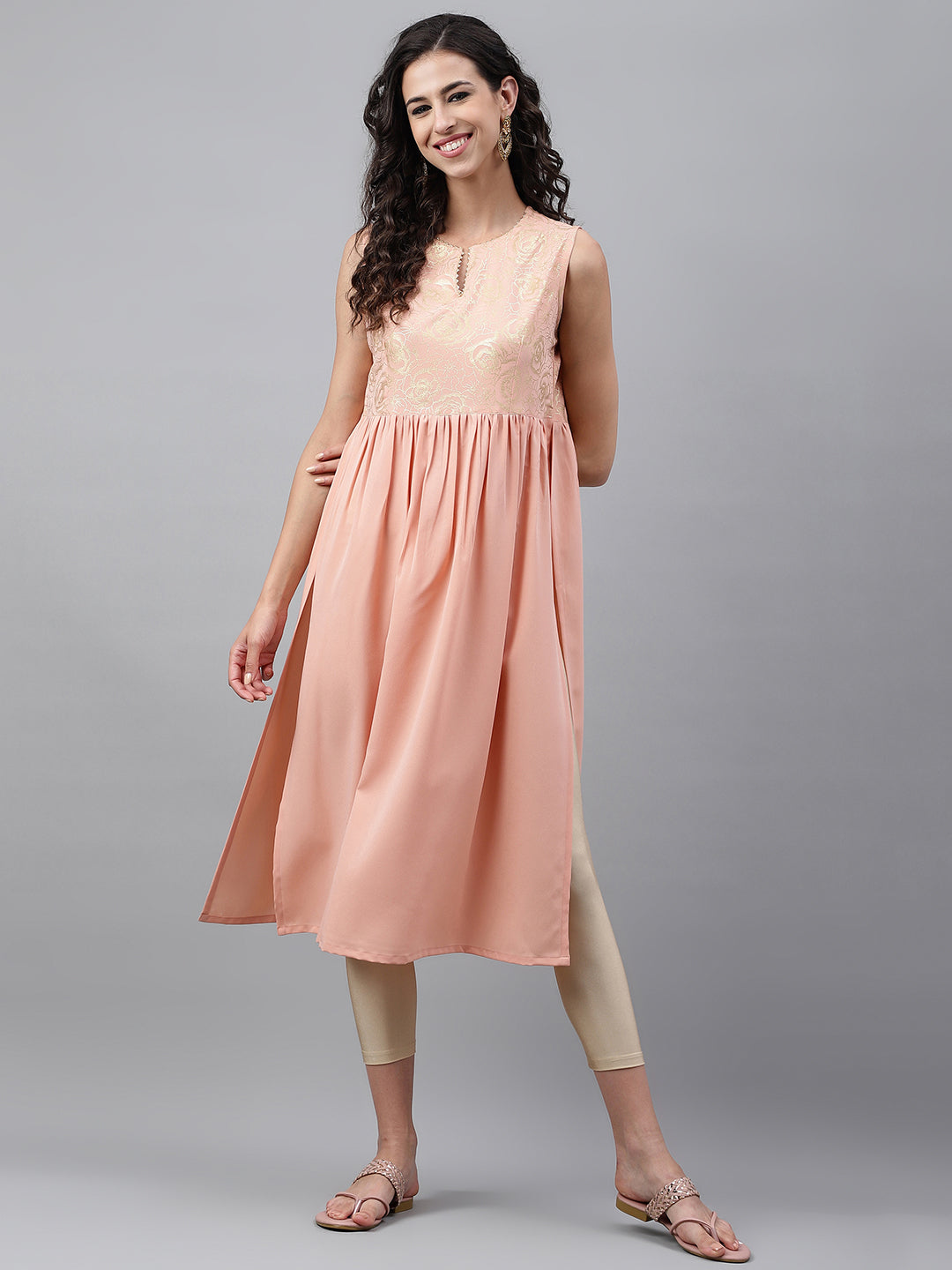 Janasya Women's Peach Crepe Foil Printed Festive Gathered Kurta - Distacart