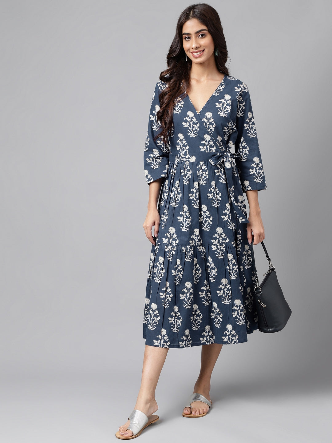Janasya Women's Navy Blue Cotton Floral Printed Wrap Casual Dress - Distacart