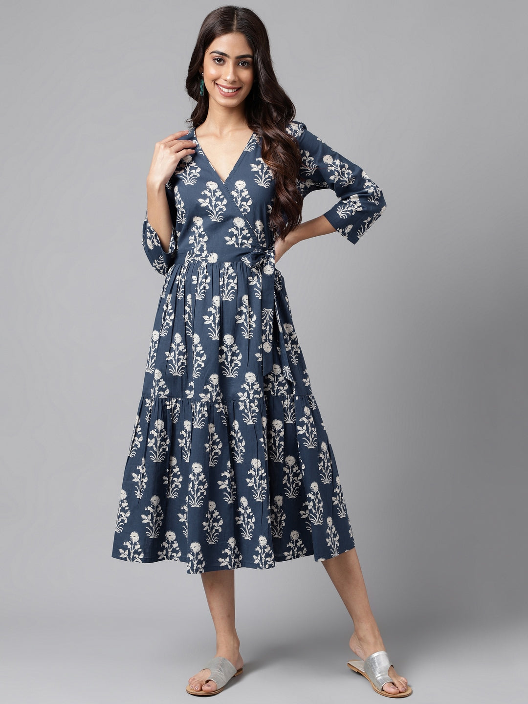 Janasya Women's Navy Blue Cotton Floral Printed Wrap Casual Dress - Distacart