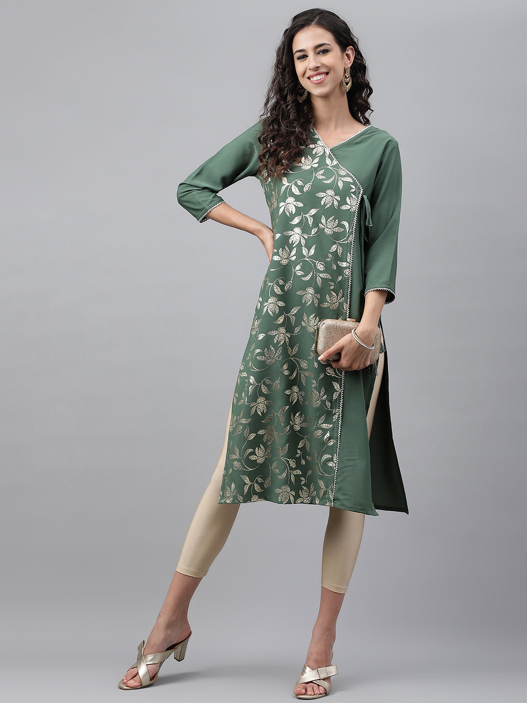 Janasya Women's Green Crepe Foil Printed Festive Angrakha Kurta - Distacart
