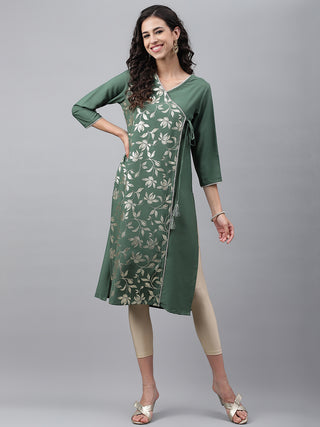 Janasya Women's Green Crepe Foil Printed Festive Angrakha Kurta - Distacart