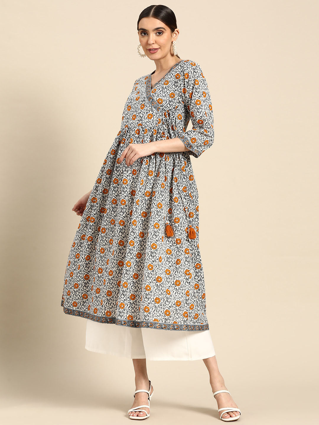 Janasya Women's White Cotton Floral Printed Casual Angrakha Kurta - Distacart