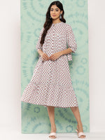 Thumbnail for Janasya Women's White Cotton Floral Printed Gathered Casual Dress - Distacart