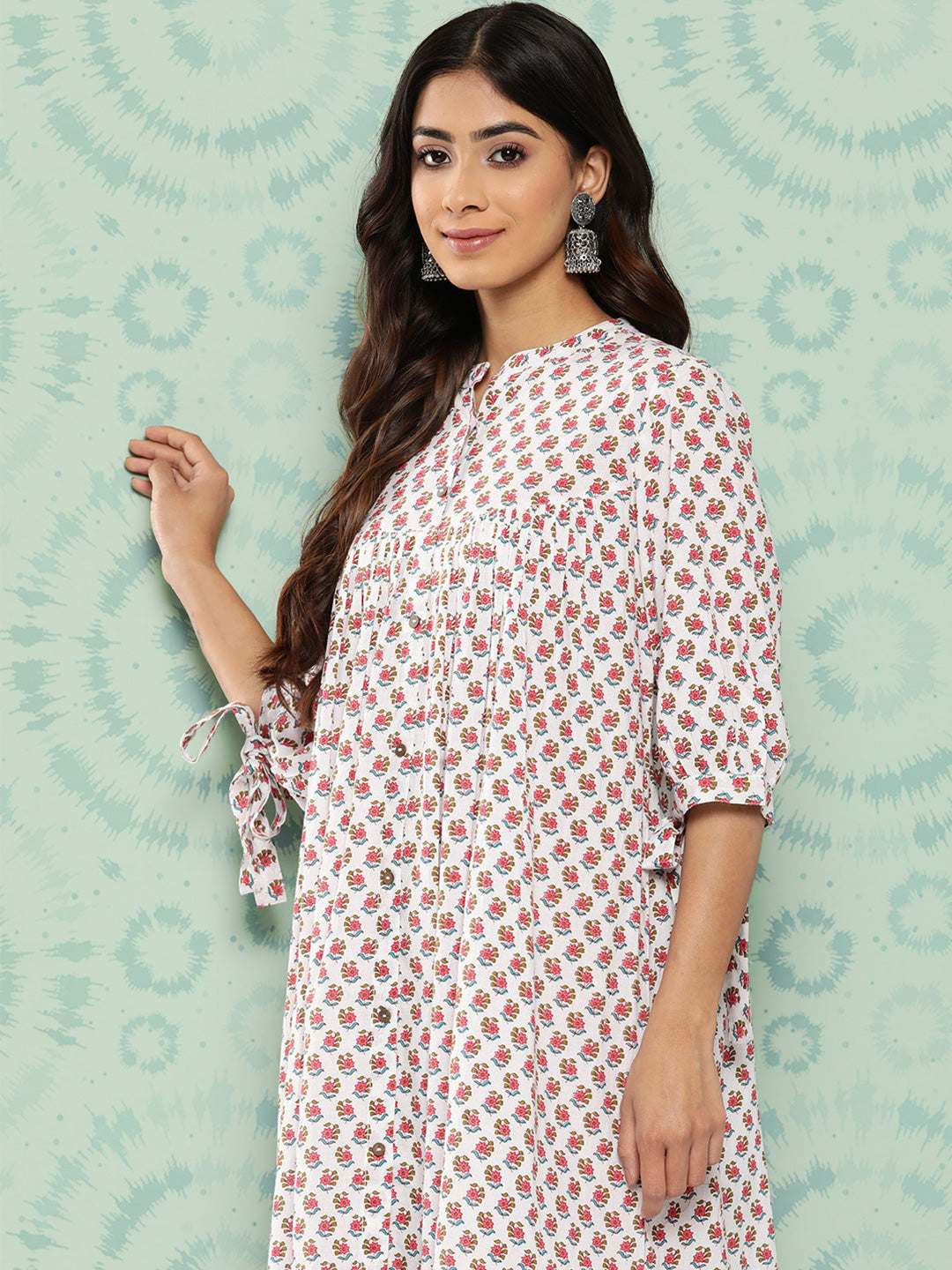 Janasya Women's White Cotton Floral Printed Gathered Casual Dress - Distacart