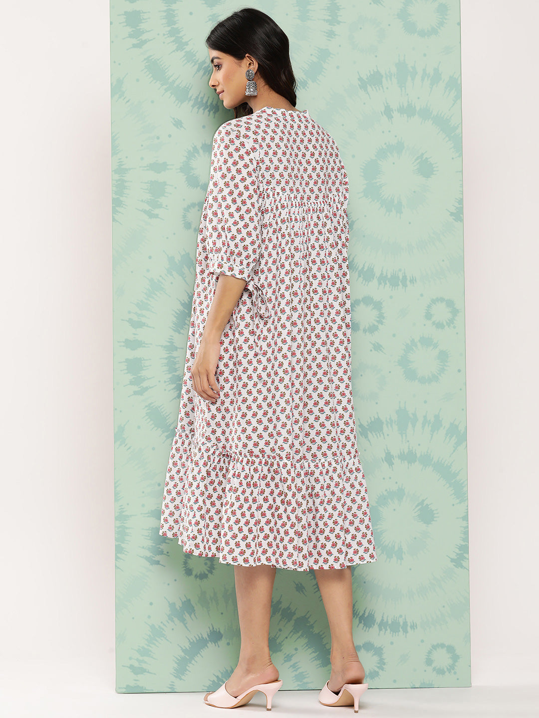 Janasya Women's White Cotton Floral Printed Gathered Casual Dress - Distacart