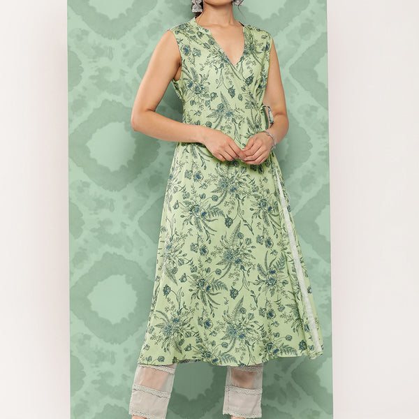 Janasya Women's Light Green Crepe Digital Printed Casual Angrakha Kurta - Distacart