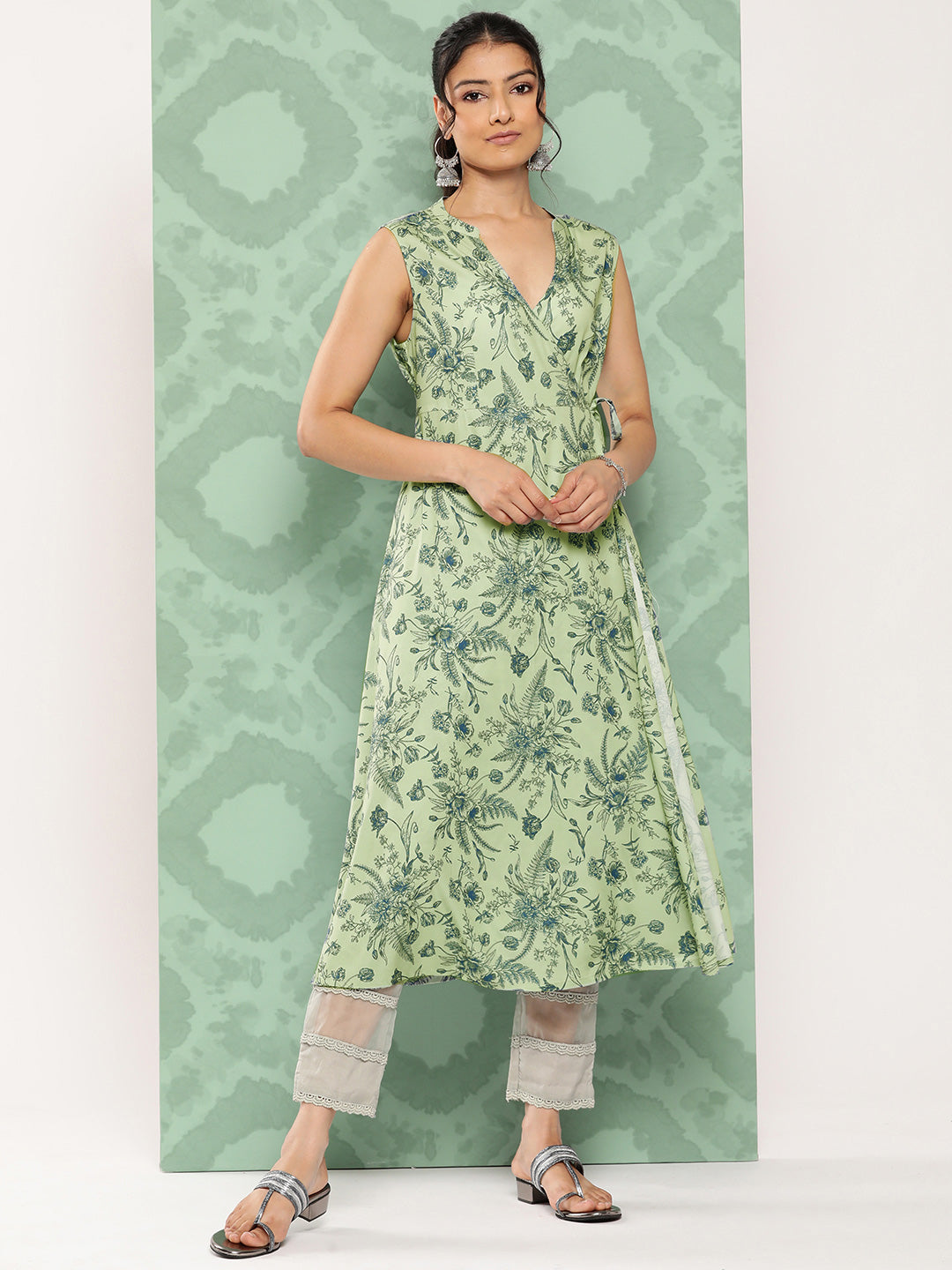 Janasya Women's Light Green Crepe Digital Printed Casual Angrakha Kurta - Distacart