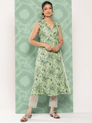 Janasya Women's Light Green Crepe Digital Printed Casual Angrakha Kurta - Distacart
