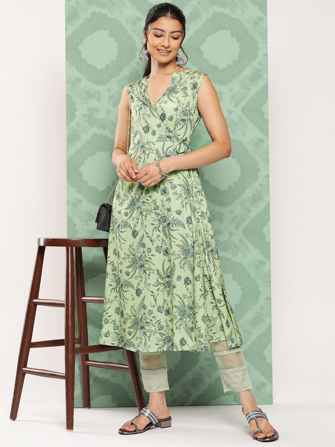 Janasya Women's Light Green Crepe Digital Printed Casual Angrakha Kurta - Distacart