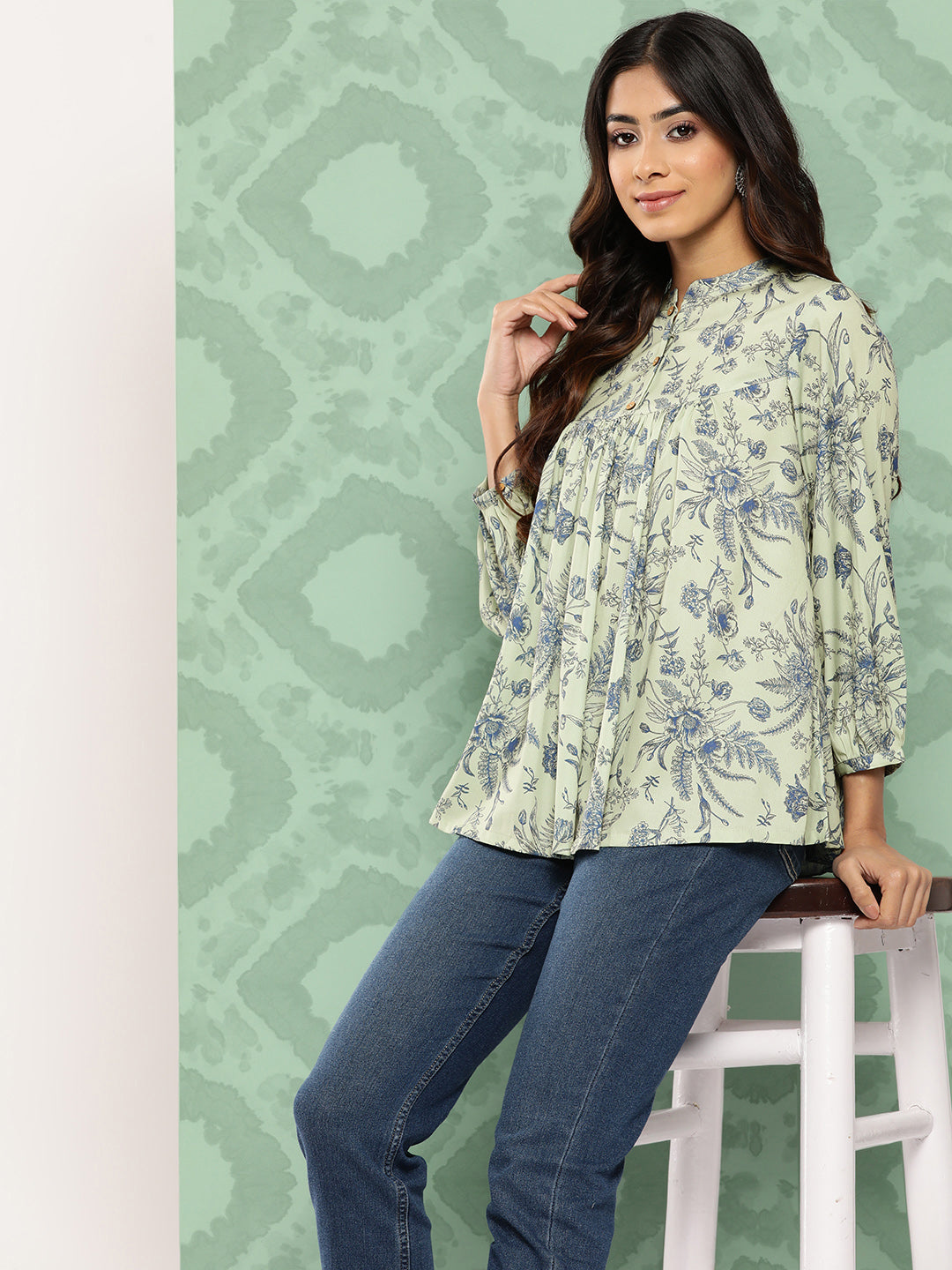 Janasya Women's Light Green Crepe Digital Print Casual Empire Top - Distacart