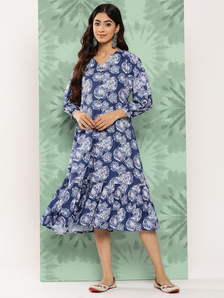 Janasya Women's Blue Crepe Digital Floral Printed A-Line Casual Dress - Distacart