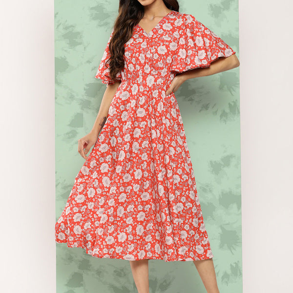 Janasya Women's Orange Crepe Digital Printed Flared Casual Dress - Distacart