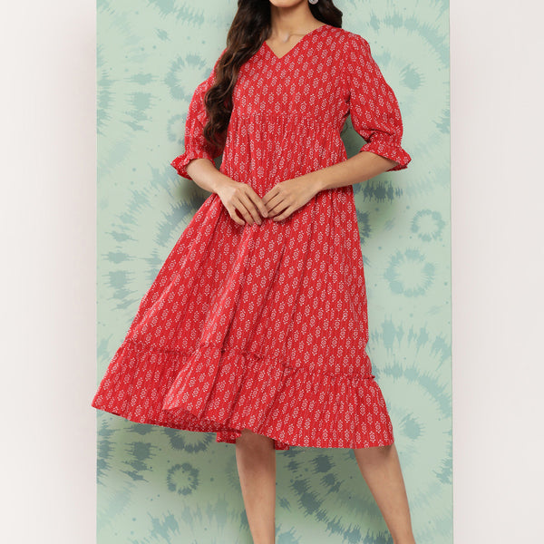 Janasya Women's Red Cotton Ethnic Motifs Printed Flared Casual Dress - Distacart