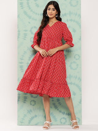Janasya Women's Red Cotton Ethnic Motifs Printed Flared Casual Dress - Distacart