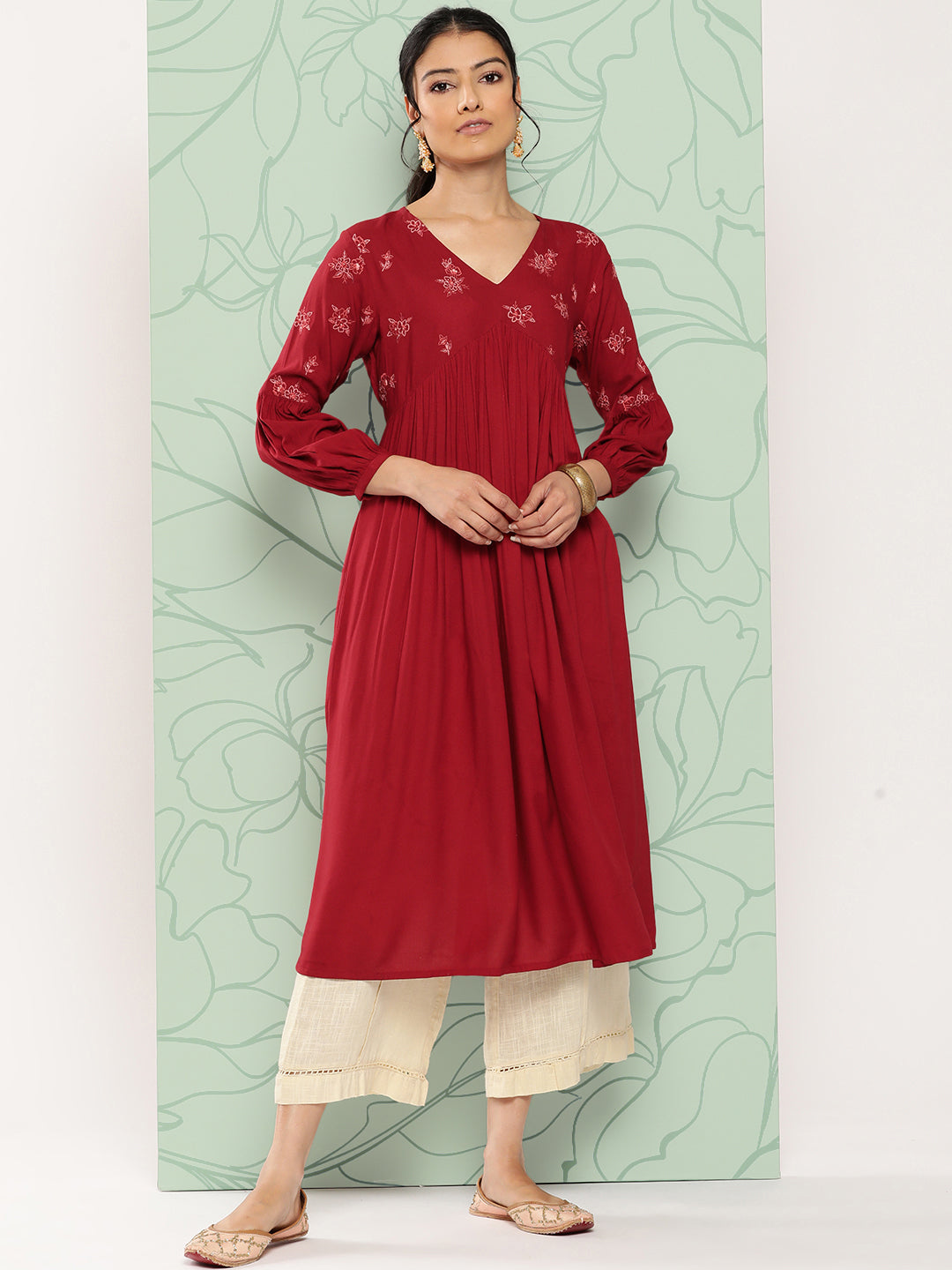 Janasya Women's Maroon Rayon Solid Party Gathered Kurta - Distacart