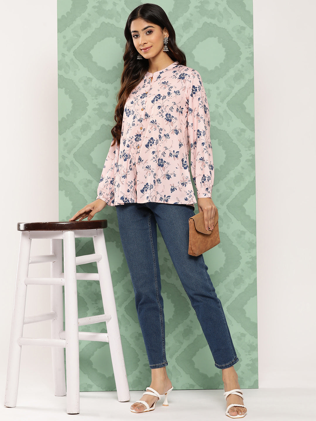 Janasya Women's Light Peach Crepe Digital Printed Casual A-Line Top - Distacart