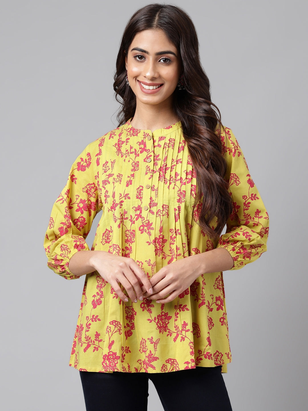 Janasya Women's Yellow Cotton Floral Printed Casual A-Line Top - Distacart