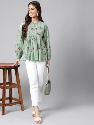 Janasya Women's Green Cotton Floral Printed Casual Peplum Top - Distacart