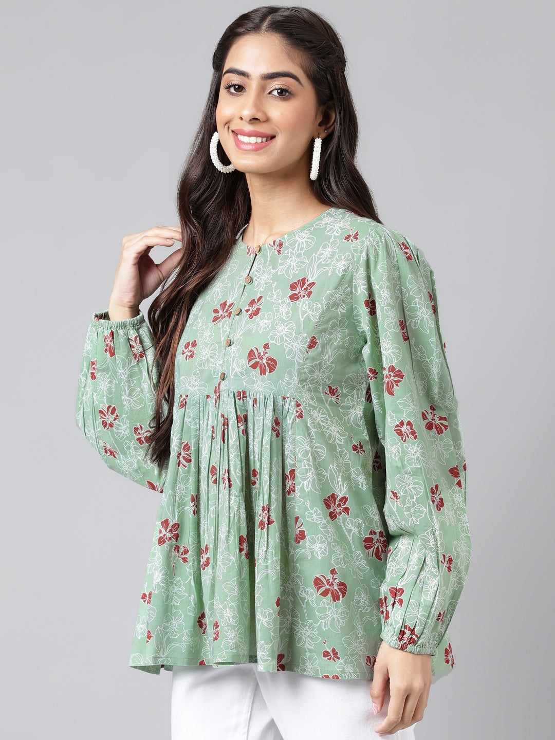 Indian Clothing Janasya Women's Green Cotton Floral Printed Casual Peplum  Top