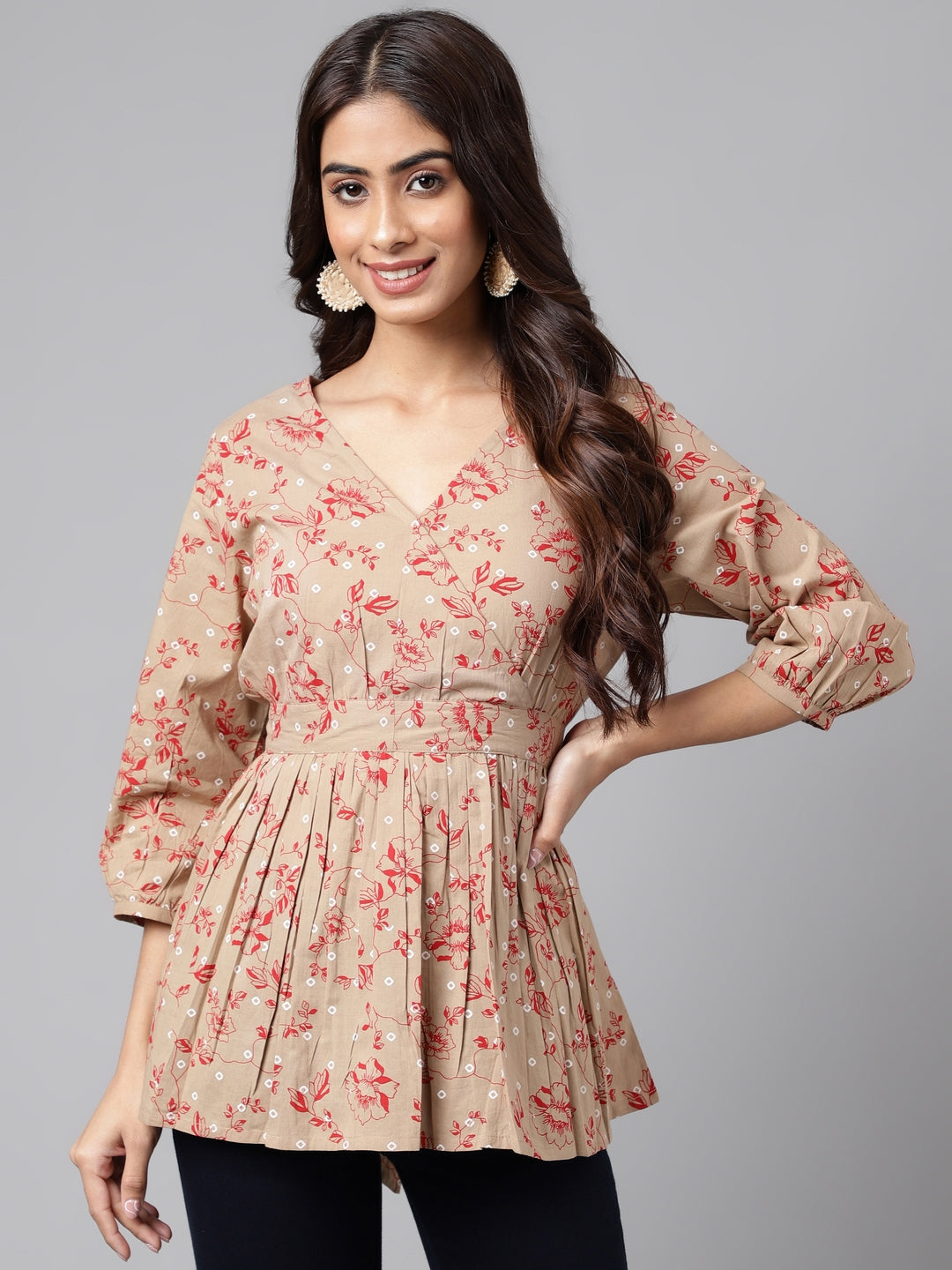 Janasya Women's Brown Cotton Botanical Printed Casual Peplum Top - Distacart