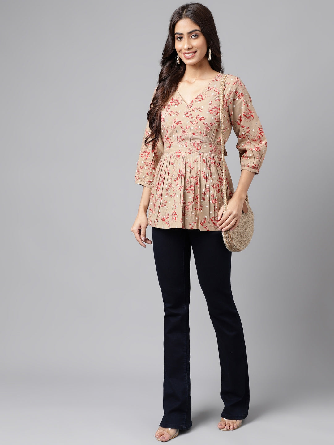 Janasya Women's Brown Cotton Botanical Printed Casual Peplum Top - Distacart