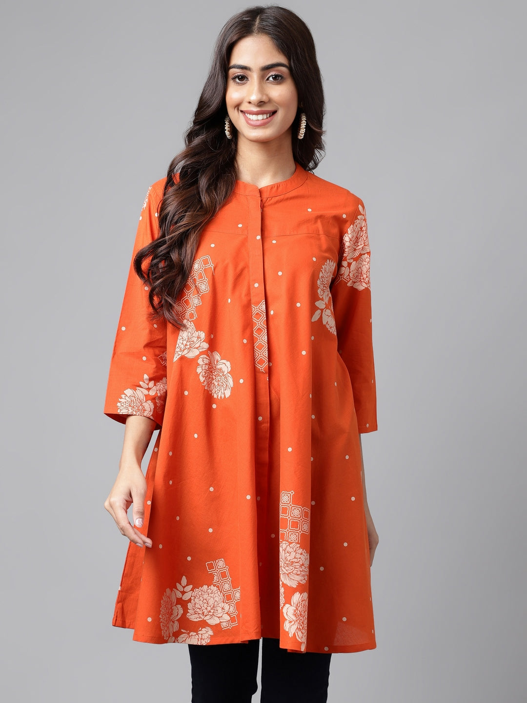 Janasya Women's Orange Cotton Floral Printed Casual Flared Tunic - Distacart