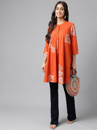 Janasya Women's Orange Cotton Floral Printed Casual Flared Tunic - Distacart