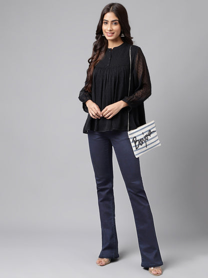 Janasya Women's Black Dobby Chiffon Solid Casual Empire Top - Distacart