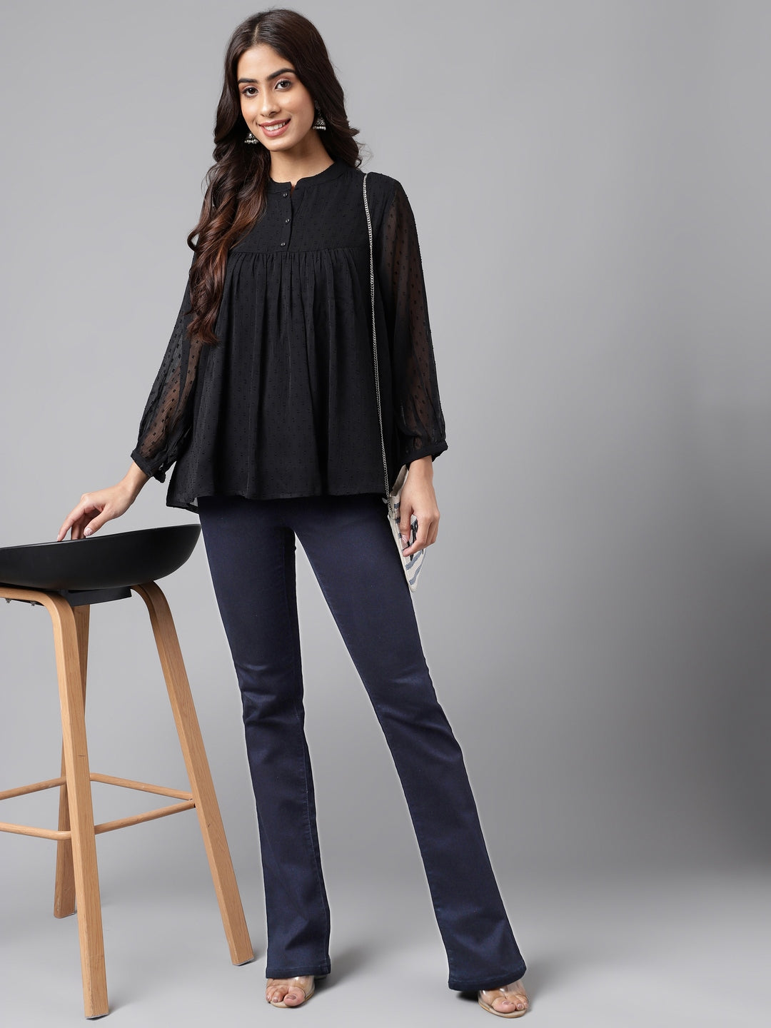 Janasya Women's Black Dobby Chiffon Solid Casual Empire Top - Distacart