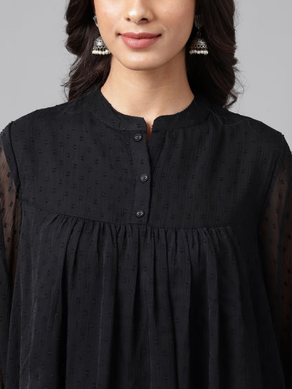 Janasya Women's Black Dobby Chiffon Solid Casual Empire Top - Distacart