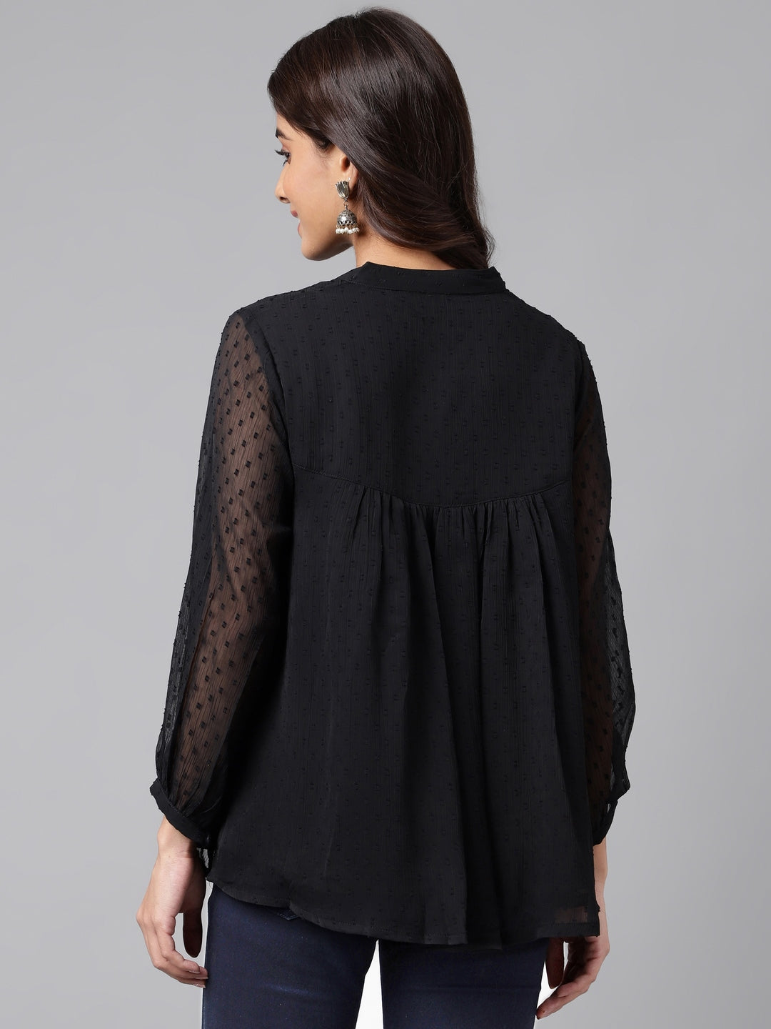 Janasya Women's Black Dobby Chiffon Solid Casual Empire Top - Distacart