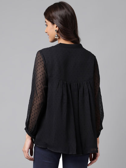 Janasya Women's Black Dobby Chiffon Solid Casual Empire Top - Distacart