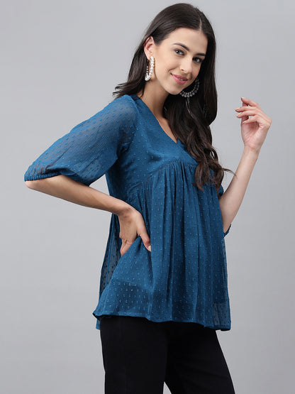 Janasya Women's Teal Blue Dobby Chiffon Solid Casual Empire Top - Distacart