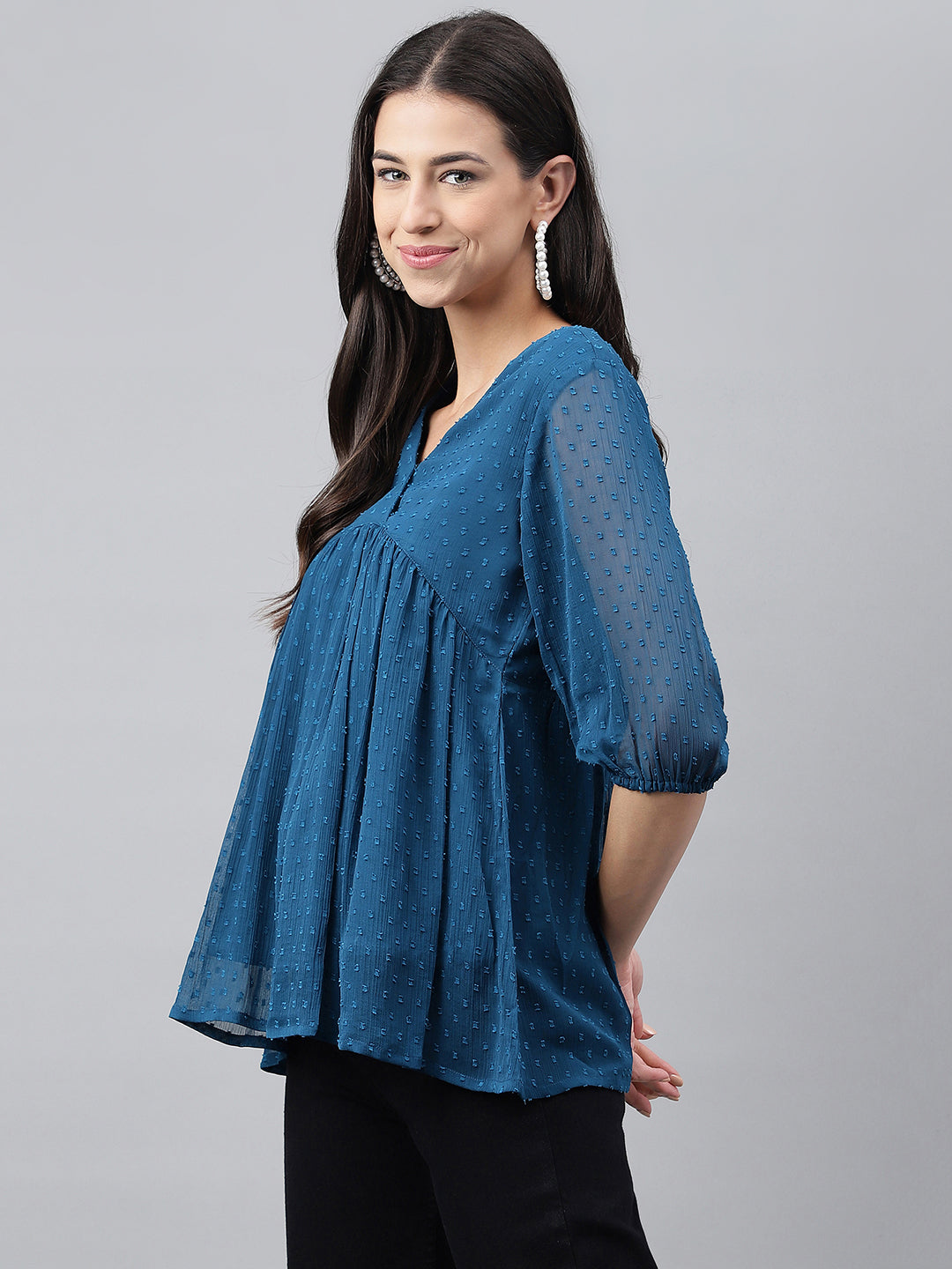Janasya Women's Teal Blue Dobby Chiffon Solid Casual Empire Top - Distacart