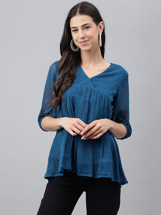 Janasya Women's Teal Blue Dobby Chiffon Solid Casual Empire Top - Distacart