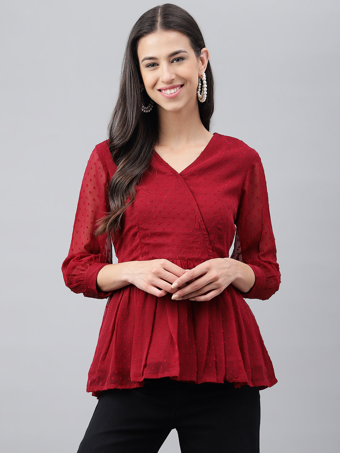 Janasya Women's Maroon Dobby Chiffon Solid Casual Peplum Top - Distacart
