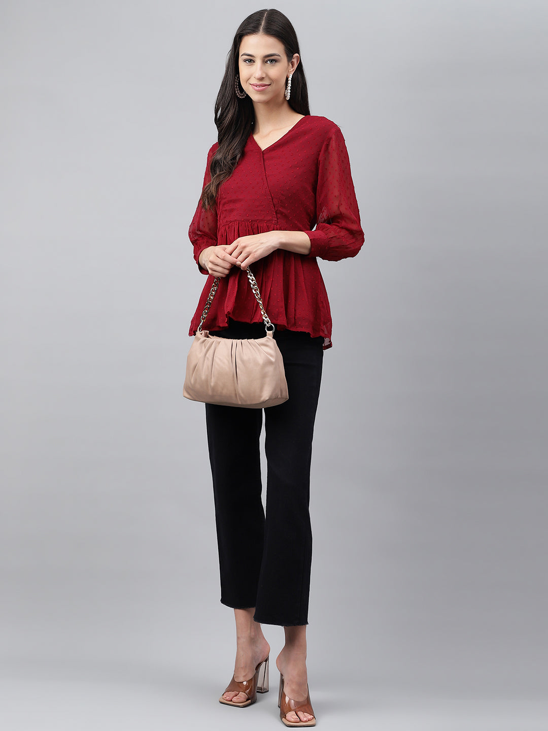 Janasya Women's Maroon Dobby Chiffon Solid Casual Peplum Top - Distacart
