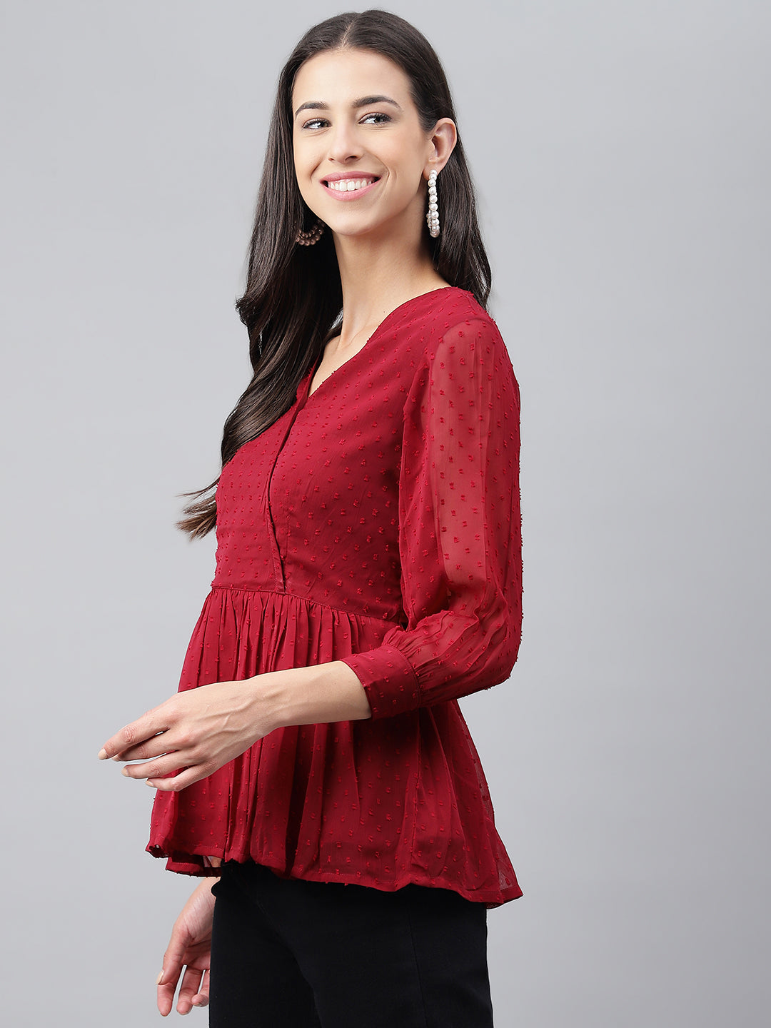 Janasya Women's Maroon Dobby Chiffon Solid Casual Peplum Top - Distacart