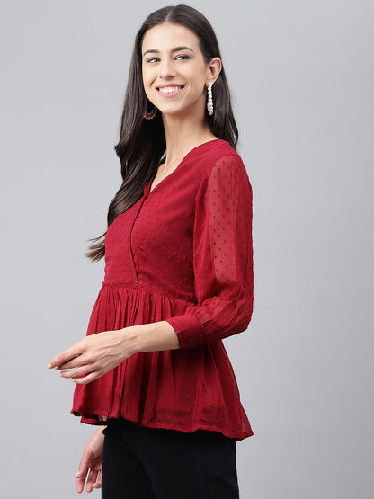 Janasya Women's Maroon Dobby Chiffon Solid Casual Peplum Top - Distacart