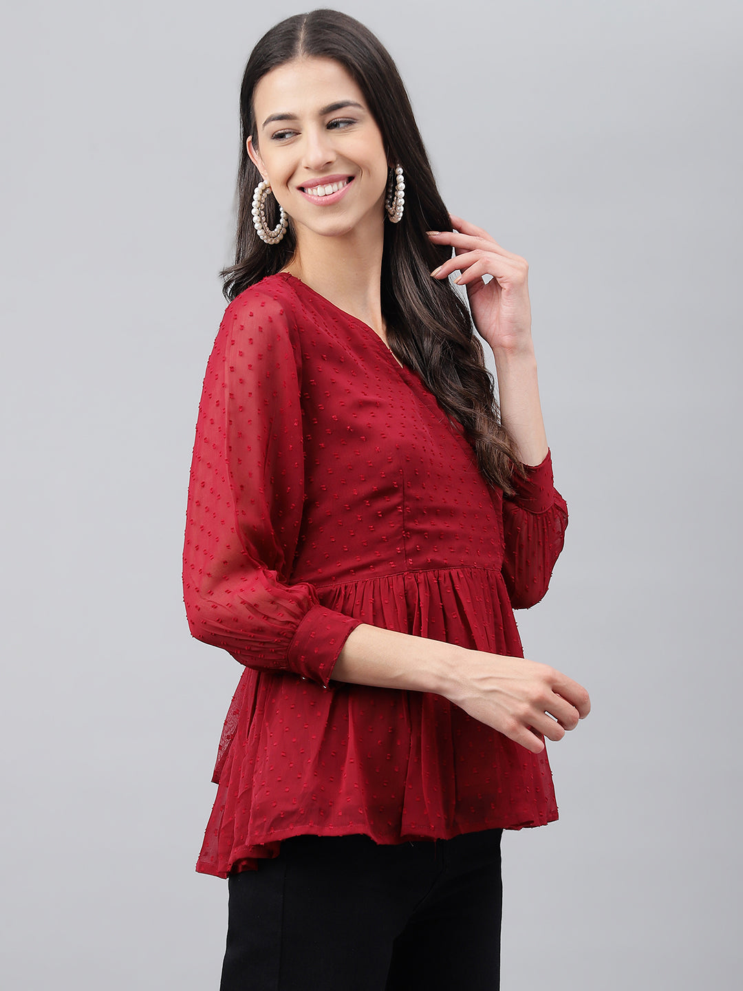 Janasya Women's Maroon Dobby Chiffon Solid Casual Peplum Top - Distacart