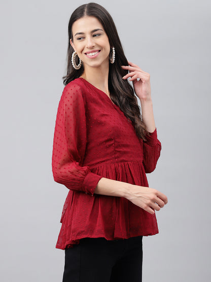 Janasya Women's Maroon Dobby Chiffon Solid Casual Peplum Top - Distacart