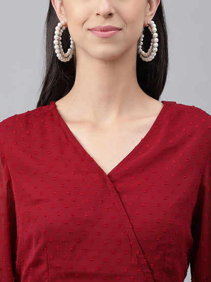 Janasya Women's Maroon Dobby Chiffon Solid Casual Peplum Top - Distacart
