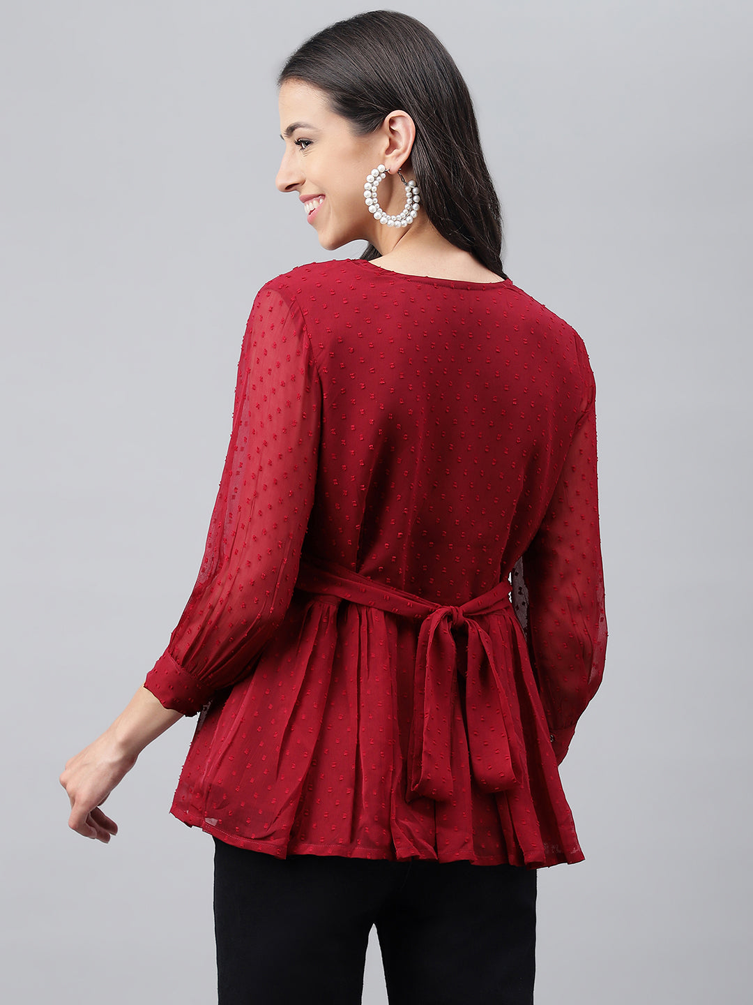 Janasya Women's Maroon Dobby Chiffon Solid Casual Peplum Top - Distacart