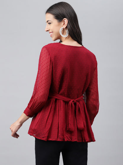 Janasya Women's Maroon Dobby Chiffon Solid Casual Peplum Top - Distacart