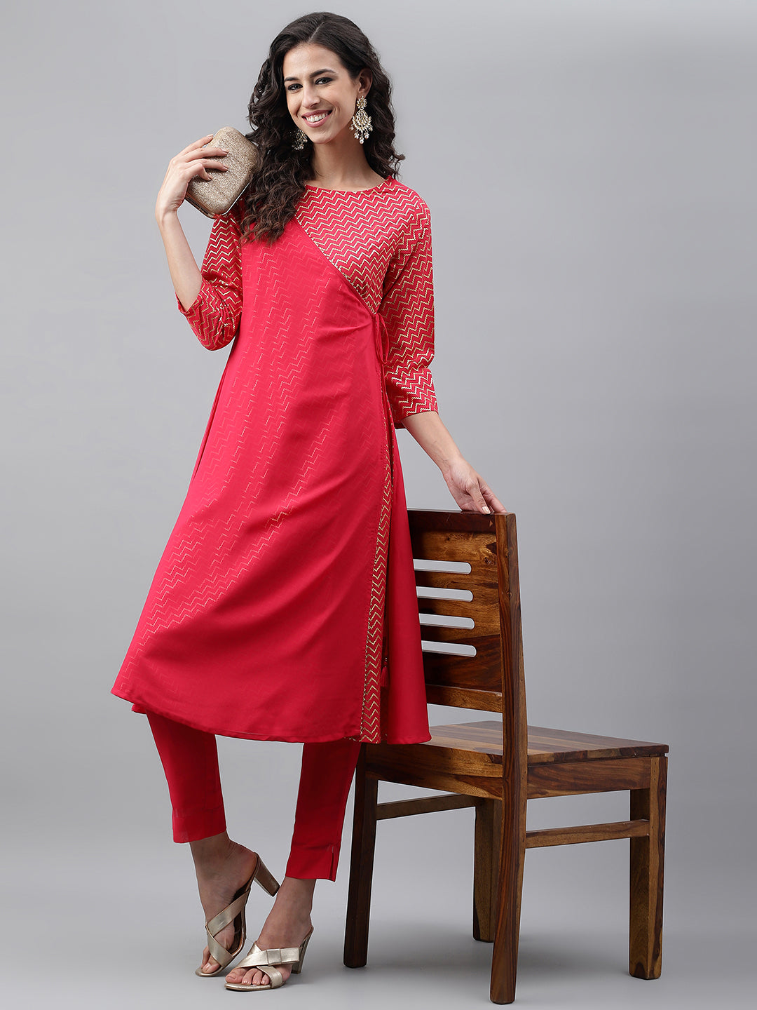 Janasya Women's Pink Crepe Foil Printed Festive Angrakha Kurta - Distacart