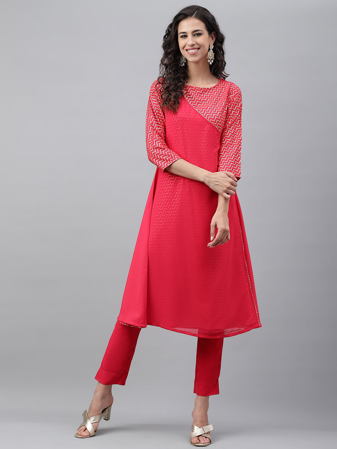 Janasya Women's Pink Crepe Foil Printed Festive Angrakha Kurta - Distacart