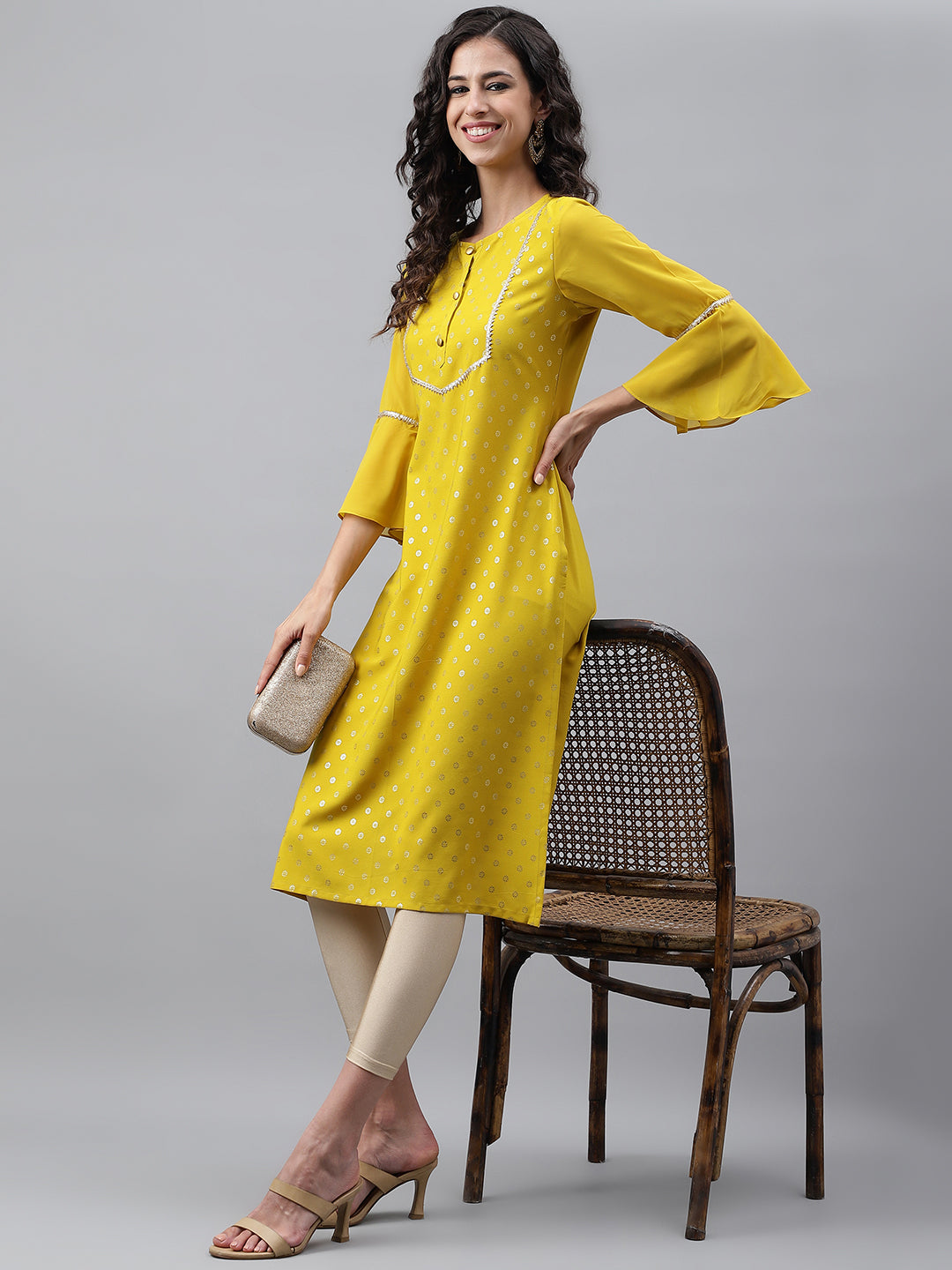 Janasya Women's Yellow Crepe Foil Printed Festive Straight Kurta - Distacart