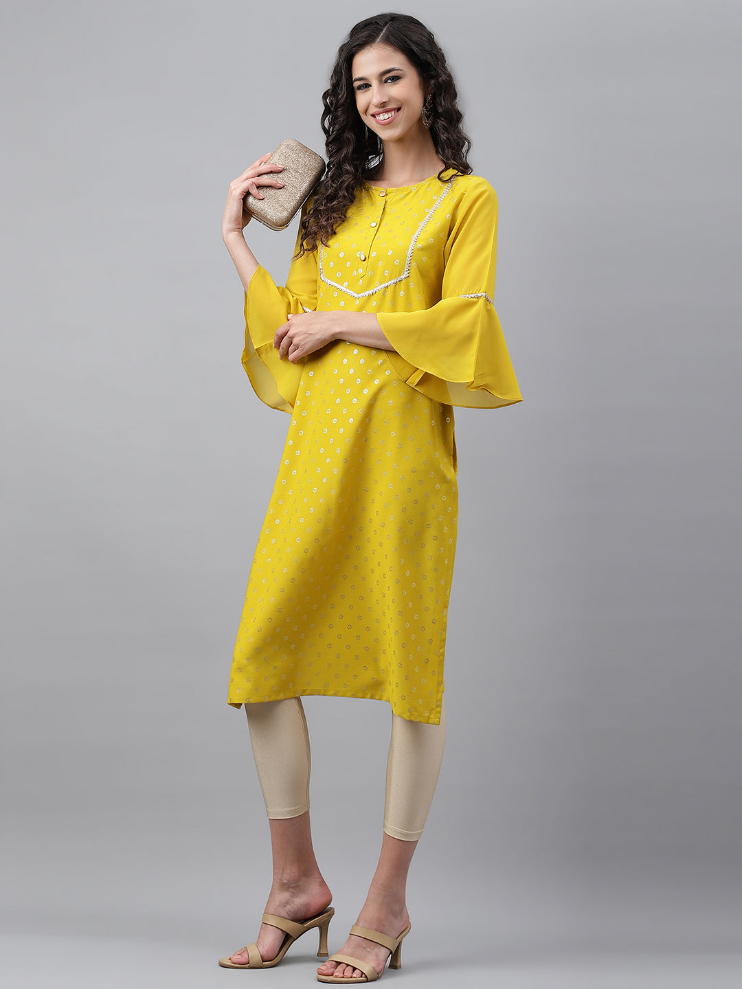 Janasya Women's Yellow Crepe Foil Printed Festive Straight Kurta - Distacart