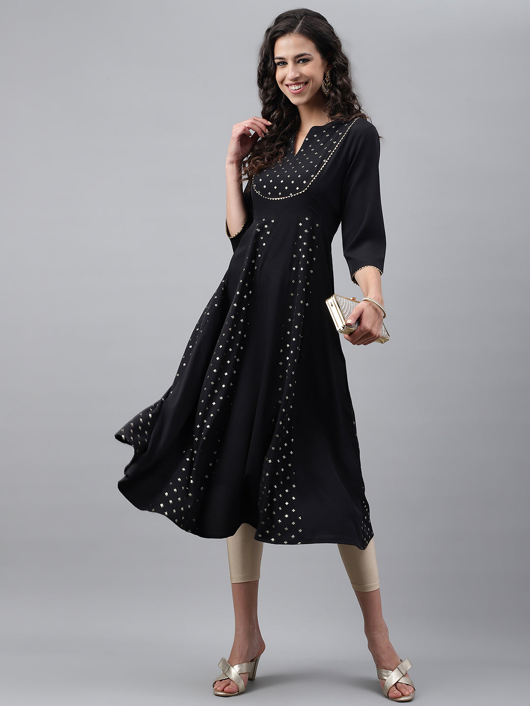 Janasya Women's Black Crepe Foil Printed Festive Anarkali Kurta - Distacart