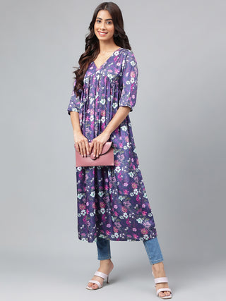 Janasya Women's Navy Blue Satin Digital Floral Printed Casual Gathered Kurta - Distacart